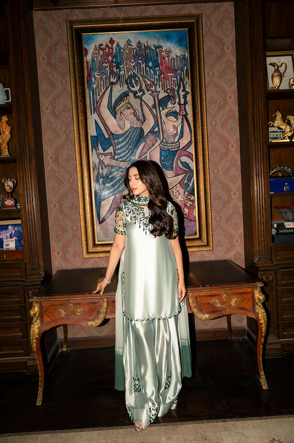 Elegant Mint Green Embroidered Formal Suit