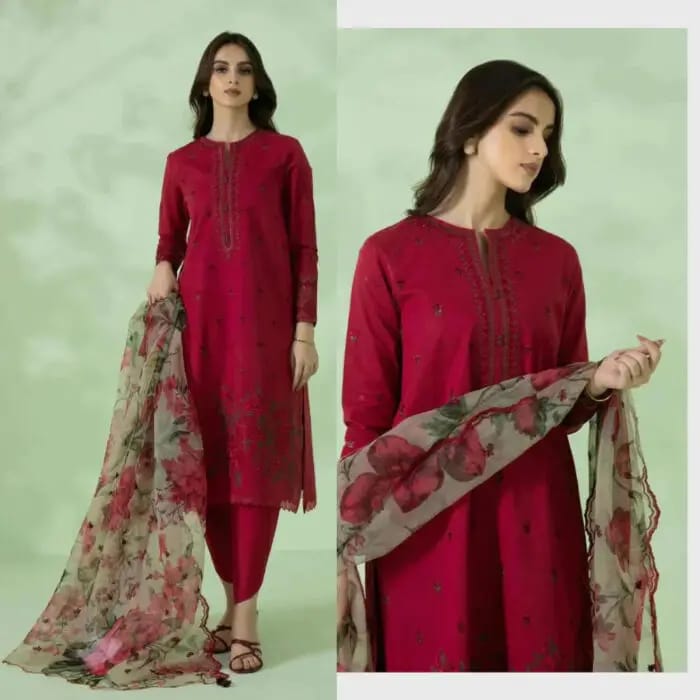 Embroidered Suit with Organza Dupatta