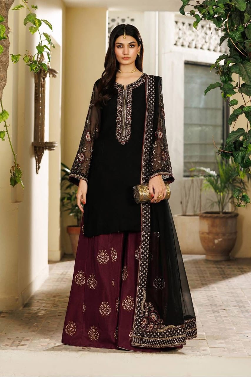 Elegant Black & Maroon Embroidered | 3-Piece Unstitched Formal Suit