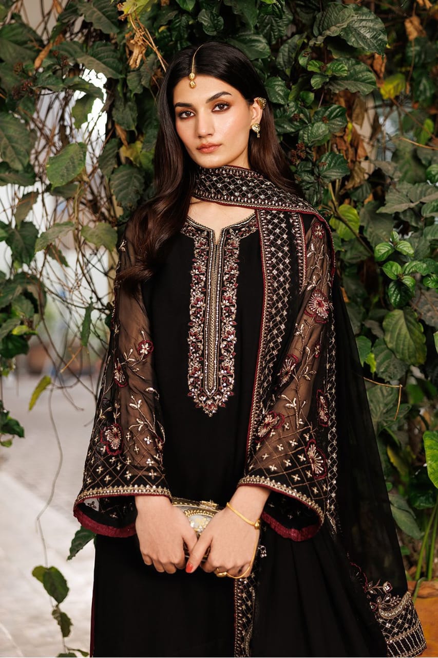 Elegant Black & Maroon Embroidered | 3-Piece Unstitched Formal Suit