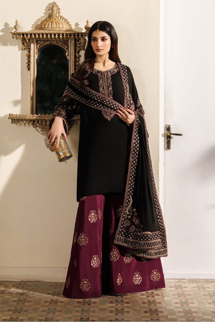Elegant Black & Maroon Embroidered | 3-Piece Unstitched Formal Suit