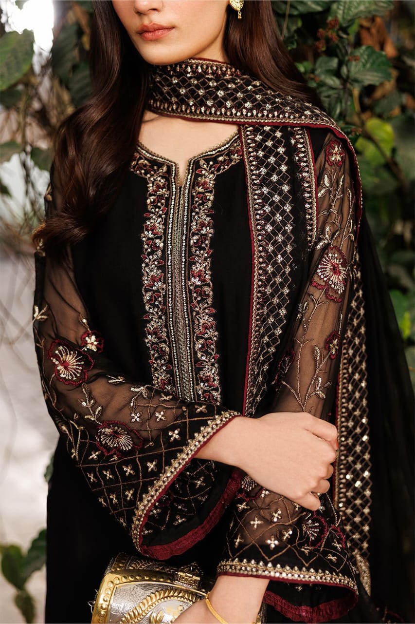 Elegant Black & Maroon Embroidered | 3-Piece Unstitched Formal Suit