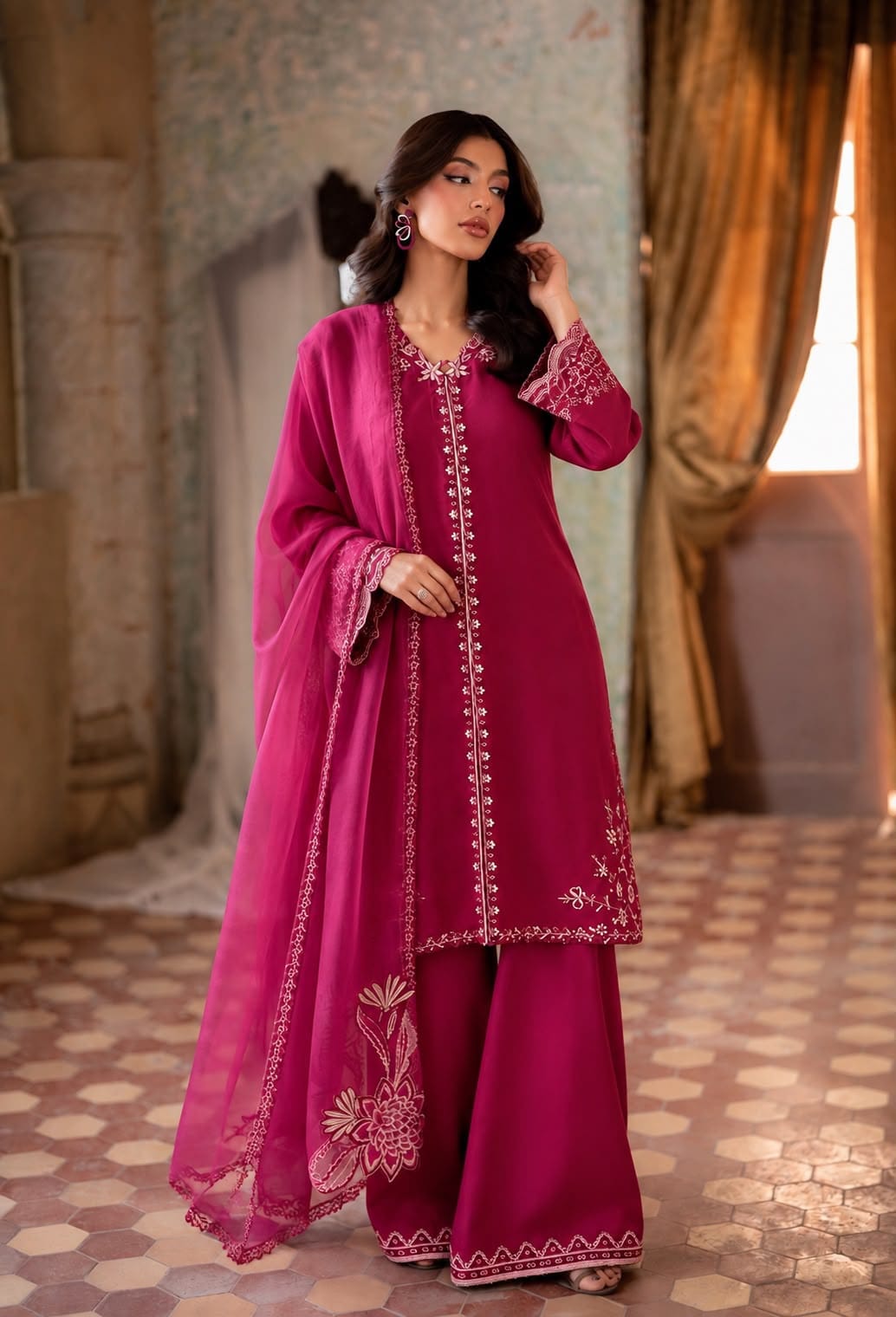 Elegant Magenta Embroidered | 3-Piece Unstitched Formal Suit