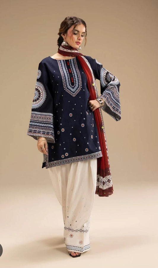 Elegant Navy Blue Printed | 3-Piece Unstitched Suit