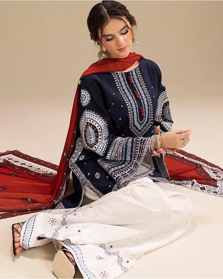 Elegant Navy Blue Printed | 3-Piece Unstitched Suit