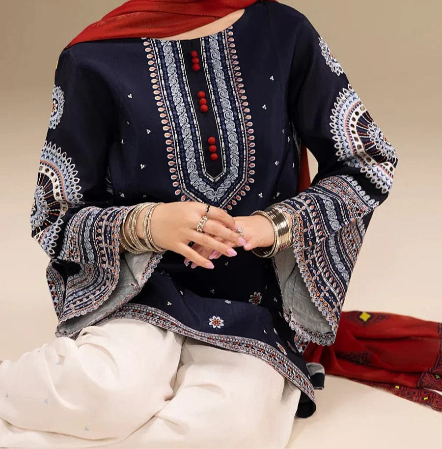 Elegant Navy Blue Printed | 3-Piece Unstitched Suit