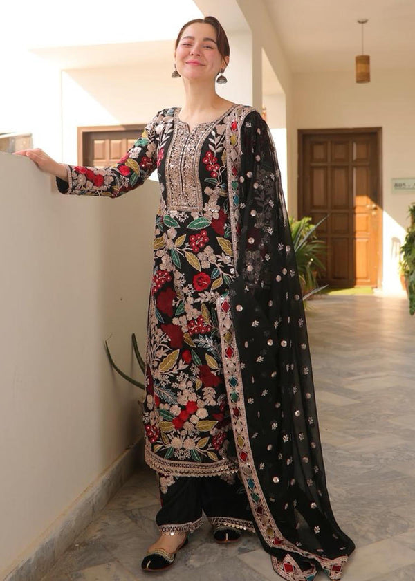 Black Mehnaaz Embroidered Chiffon Suit