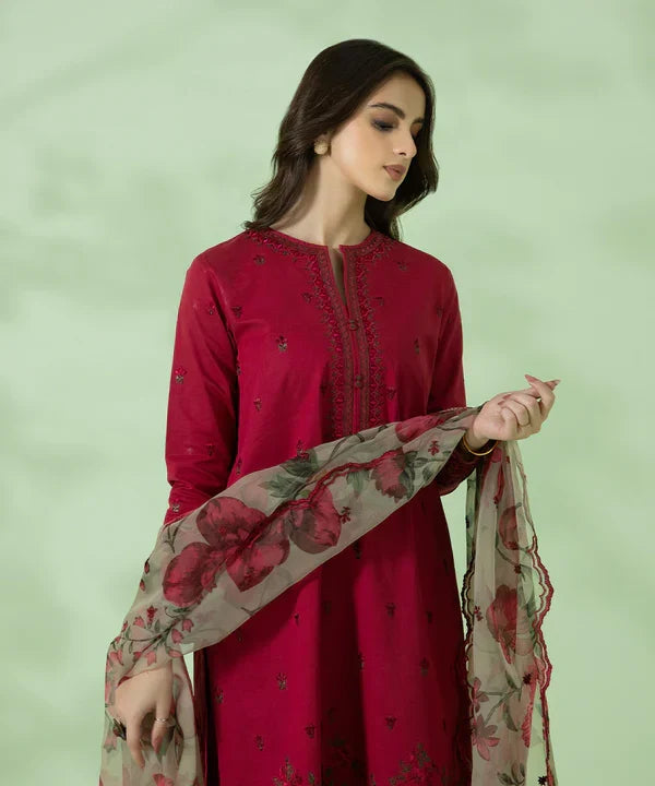 Embroidered Suit with Organza Dupatta