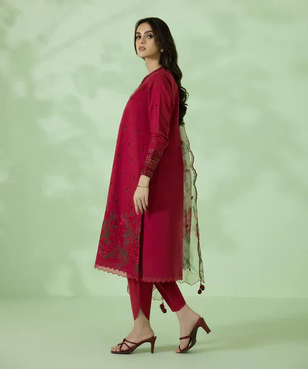 Embroidered Suit with Organza Dupatta