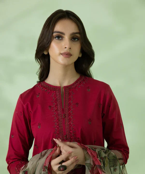 Embroidered Suit with Organza Dupatta