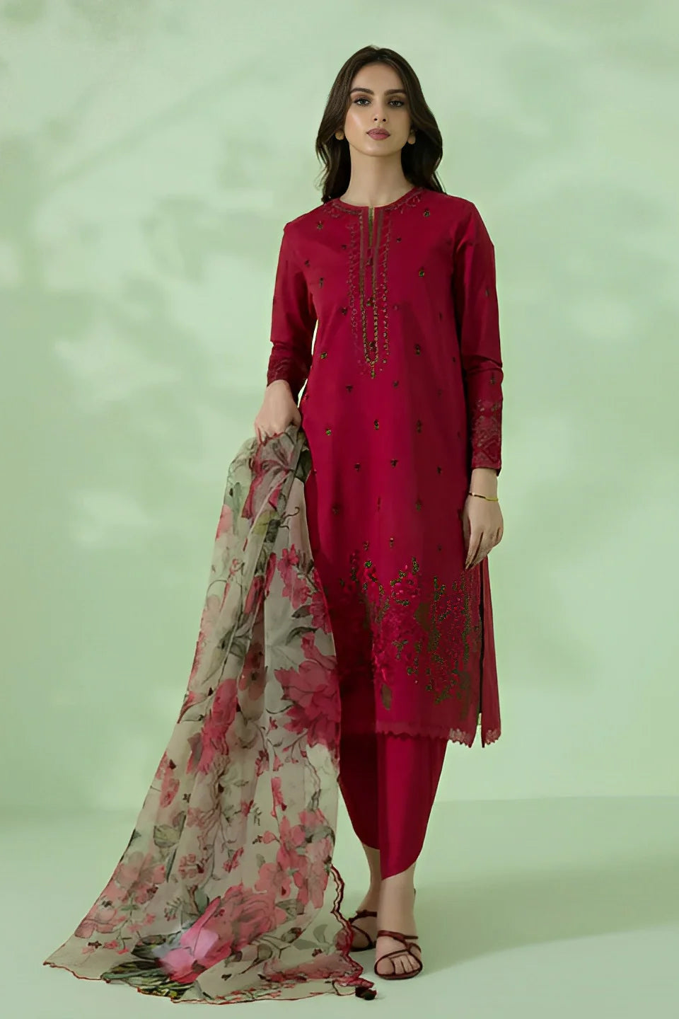 Embroidered Suit with Organza Dupatta