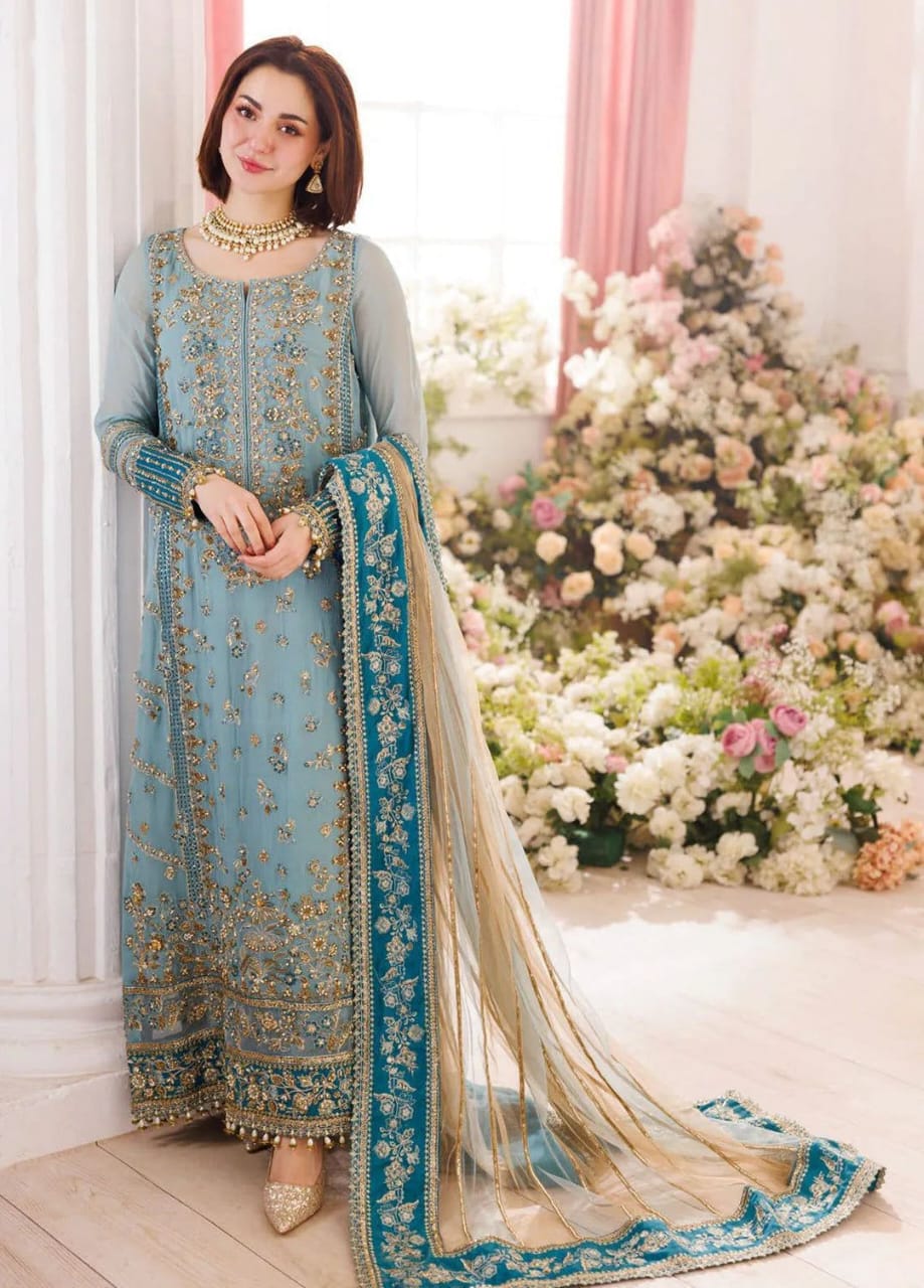 Seagreen Formal Embroidered Chiffon Suit