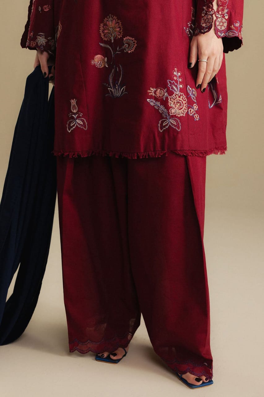 Zara Embroidered Dhanak 3-Piece Suit