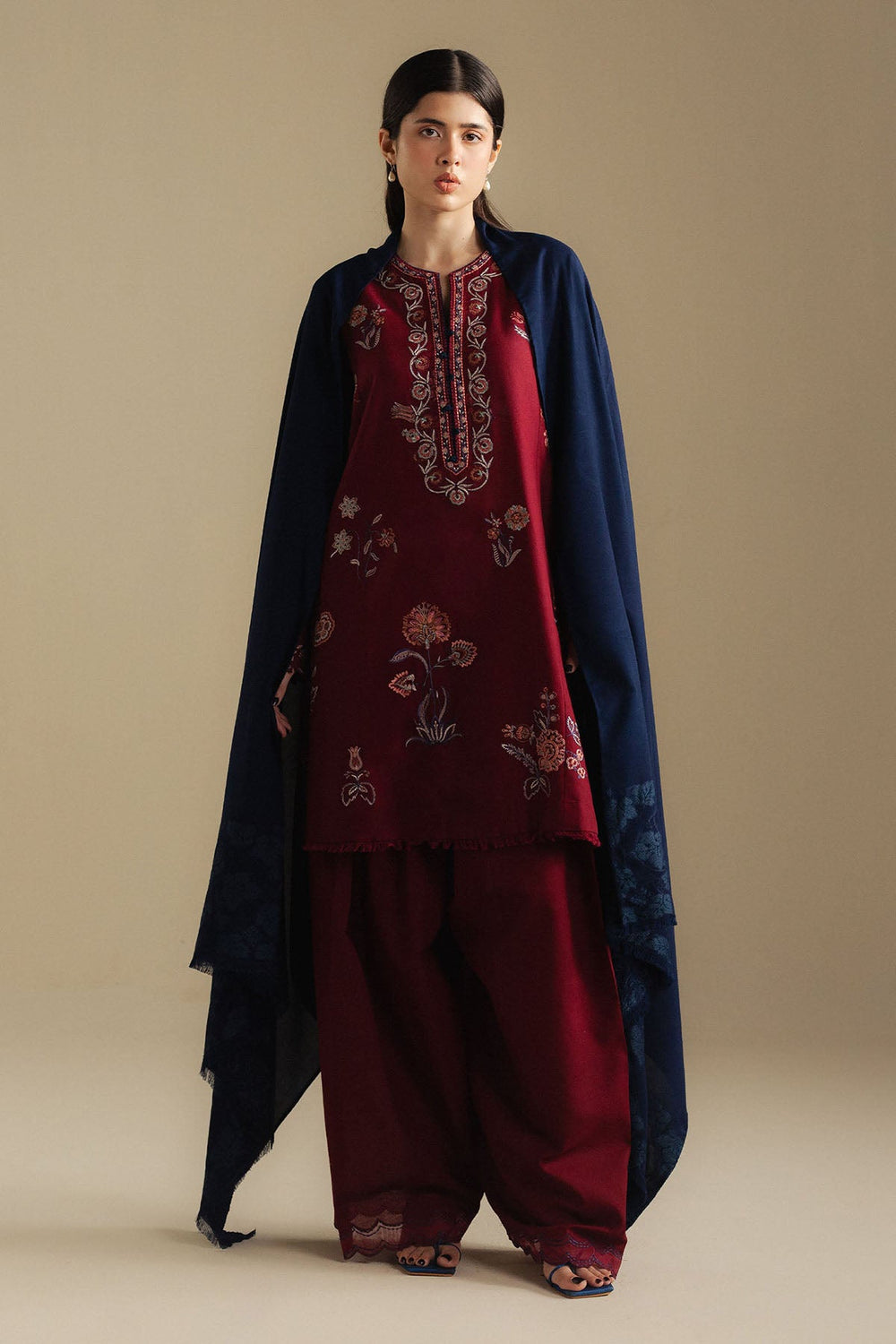 Zara Embroidered Dhanak 3-Piece Suit